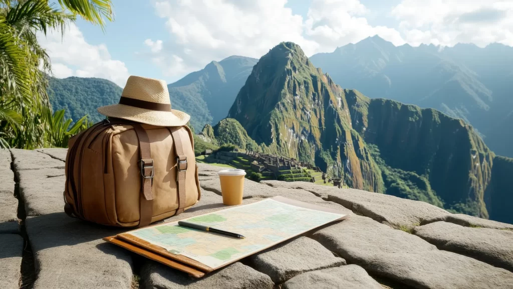 A travel backpack, straw hat, coffee cup, and map laid out on a stone wall overlooking Machu Picchu, symbolizing preparation for bespoke Peru travel. - Qosqo Expeditions